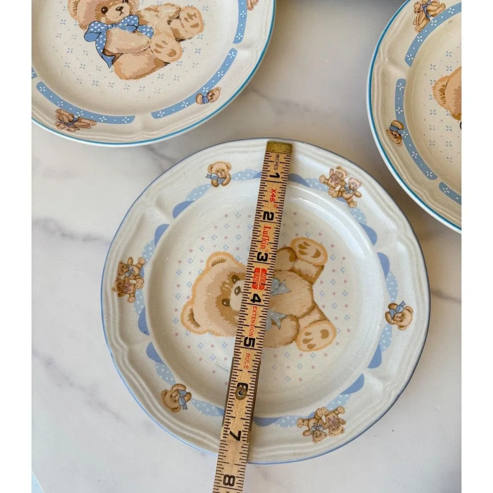 Vtg Tienshan Country Teddy Bear Ceramic Plates Set of 7‎ Blue Bow Stoneware